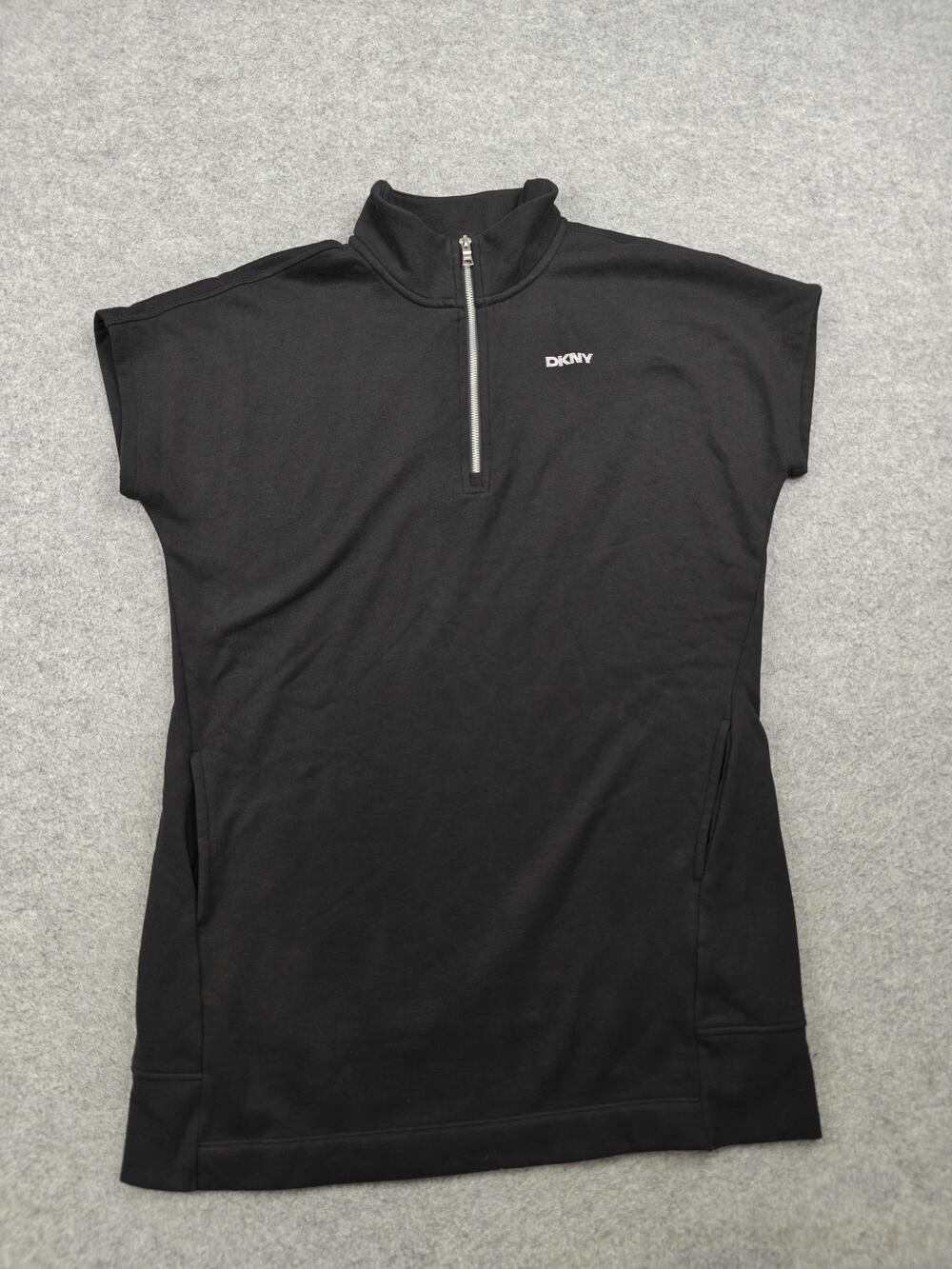 DKNY Sport Pullover Womens Medium Black 1/4 Zip Mock Neck Pockets Rhinestone